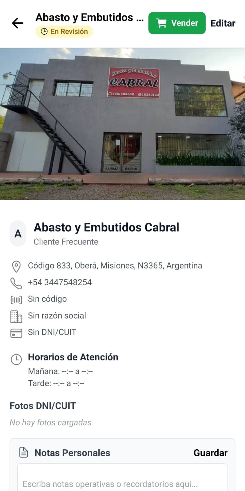 Perfil de cliente en la app móvil CAIR — foto del local, dirección y datos de contacto